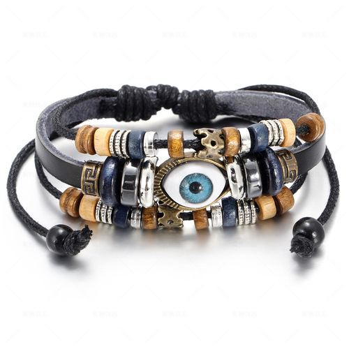 Popular folk hand-made by multilayer cowhide leather cord bracelet beads eyes couple bracelet can be adjusted