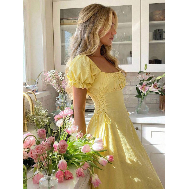 Cross-border Amazon European and American style puff sleeve tie-waist slimming dress for women, 2026 summer new slimming dress Cross-border Amazon European and American style puff sleeve tie-waist slimming dress for women, 2026 summer new slimming dress