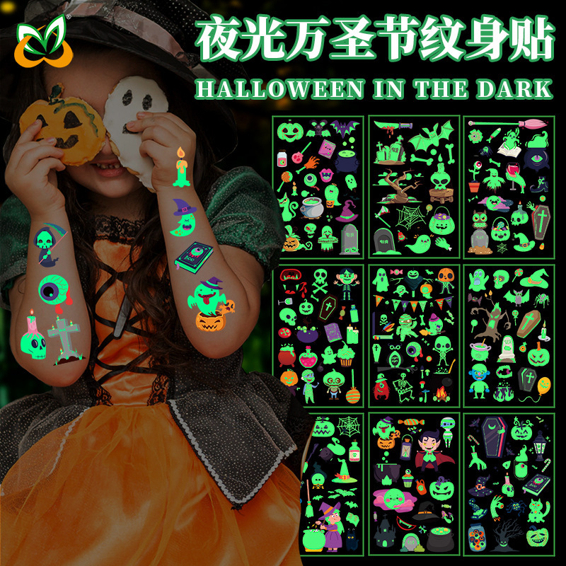 Manufacturer Wholesale Waterproof and Long-Lasting Kidsren's New Halloween Luminous Tattoo Stickers Cartoon Glowing Tattoo Stickers
