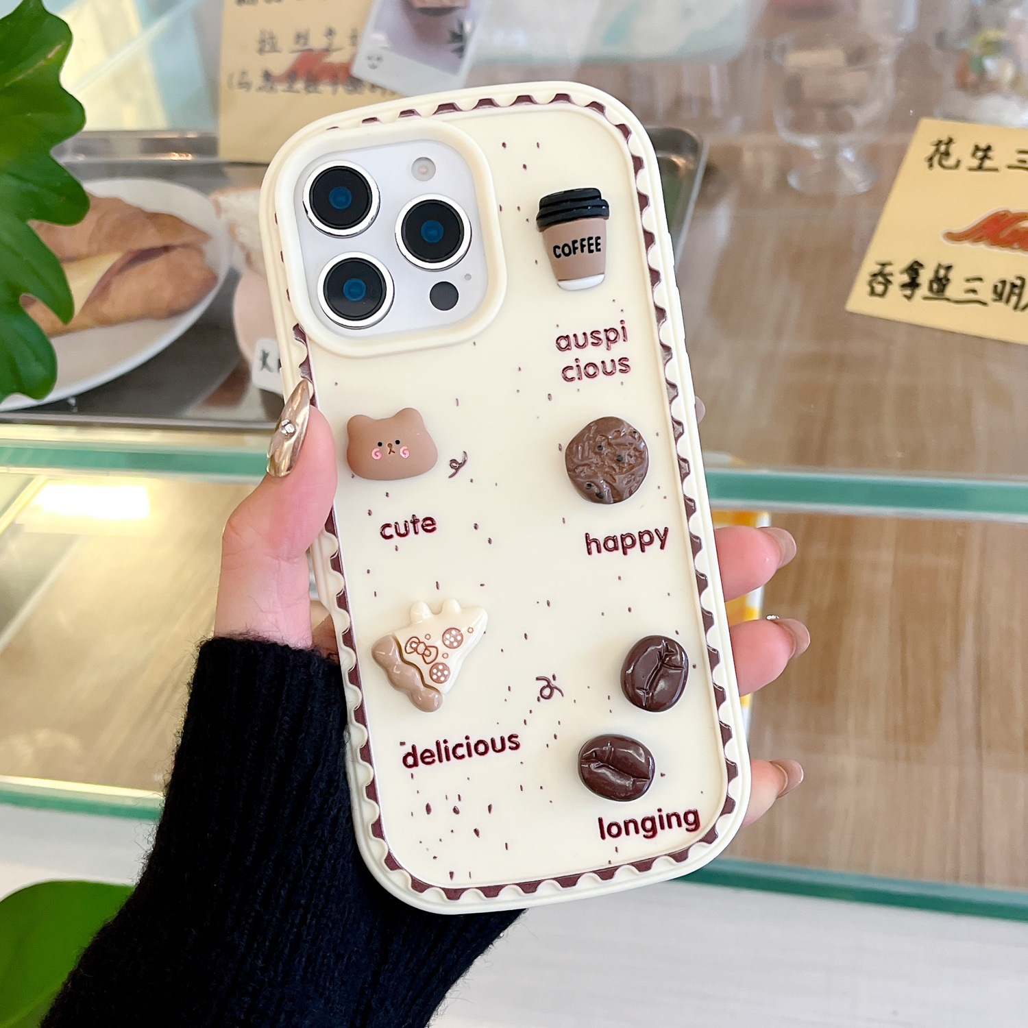 Oso de galleta tridimensional con salpicaduras de tinta estilo ins para iPhone 16/15ProMax funda para teléfono móvil 13 cadena Apple 14