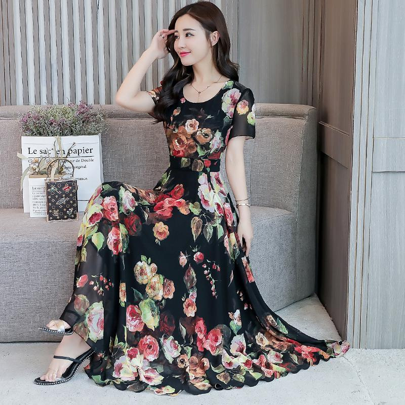 180g foot size summer Korean round neck long printed ice silk dress middle-aged plus size large skirt