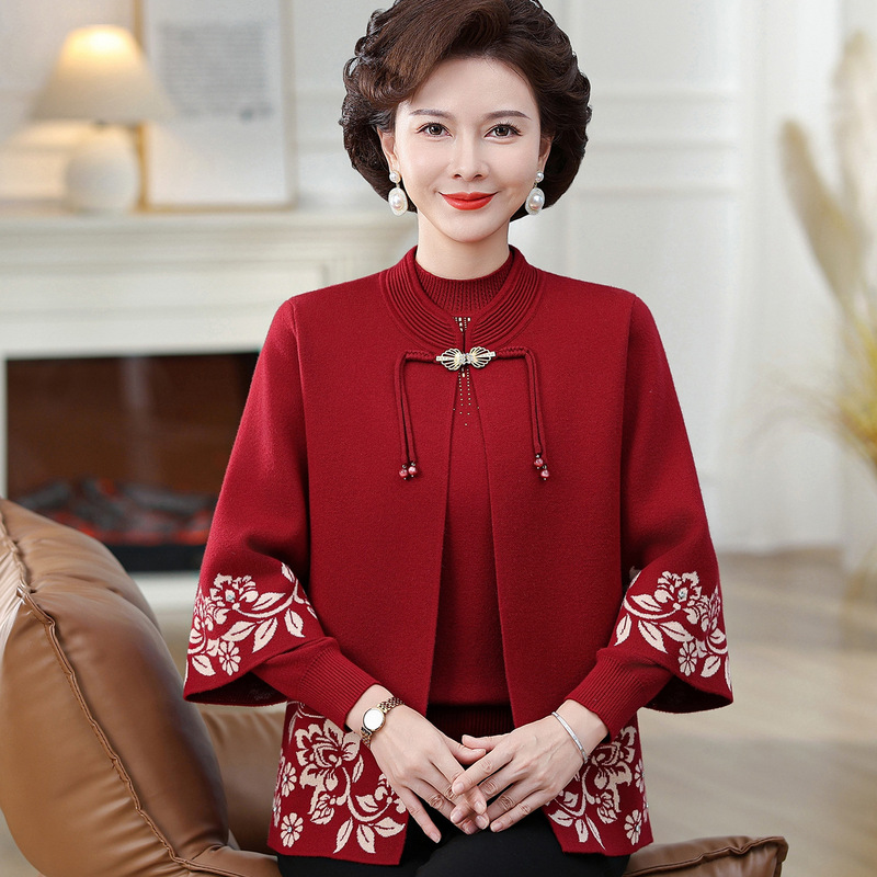 Mom's Autumn and Winter Fashionable Knitted Wedding Dress Two-Piece Suit for Mother-In-Law Autumn Sweater Cardigan Middle-Aged and Elderly Tops