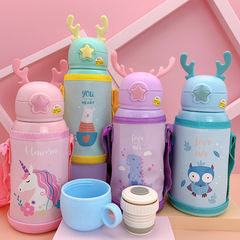 兒童吸管保溫杯不鏽鋼鹿角杯學生幼兒園寶寶水壺批發保溫杯吸管杯