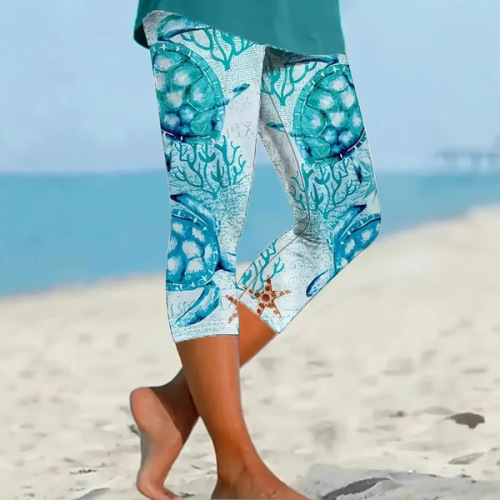 Independent station Western and European summer 3D printed seaside series seven-inch leggings