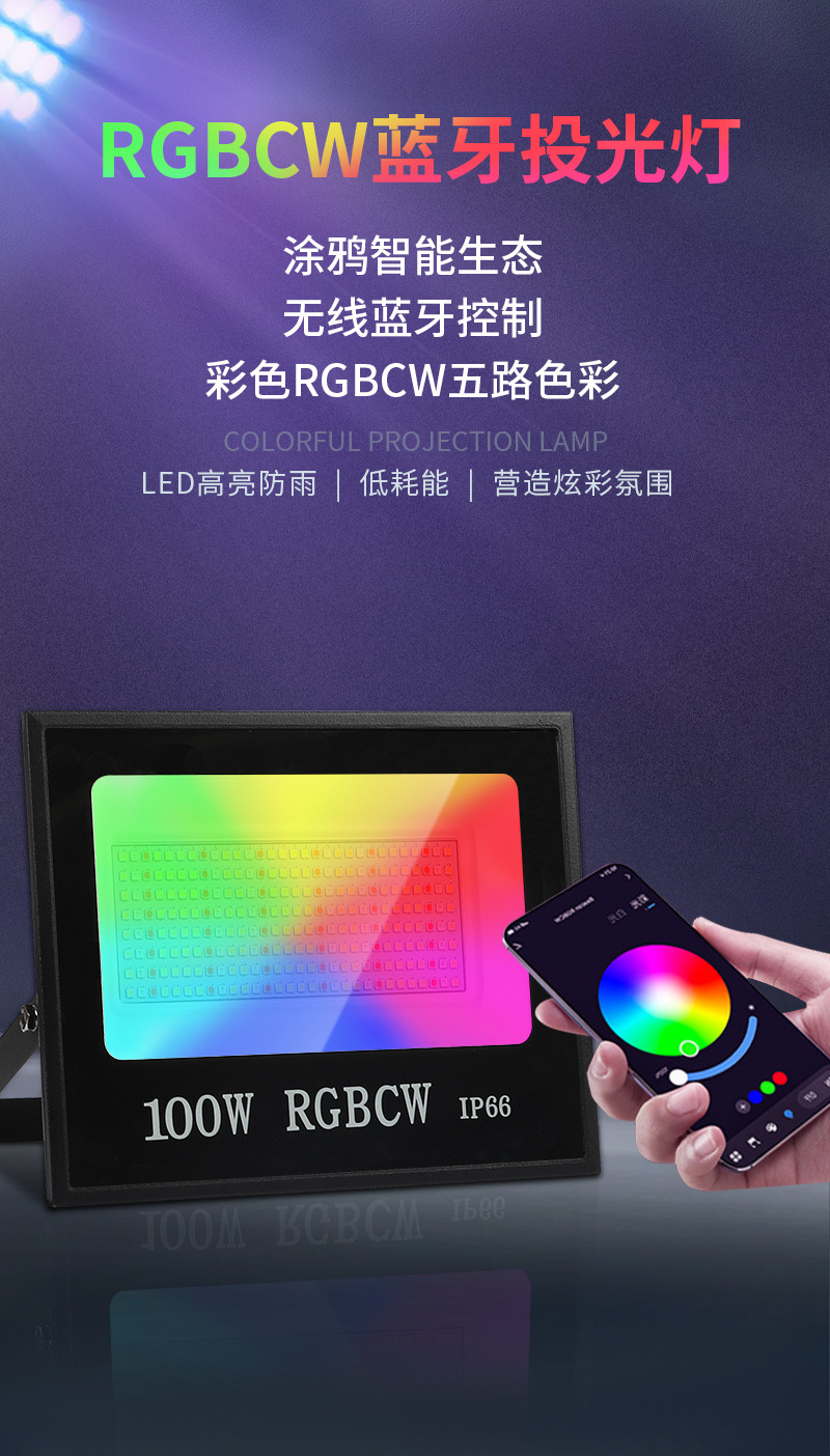 跨境智能涂鸦Wifi蓝牙RGBCW彩色投光灯 手机APP遥控七彩LED泛光灯详情1