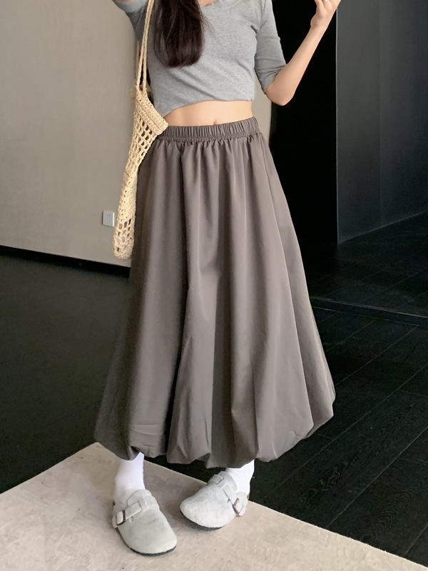 松紧腰显瘦灯笼花苞半身裙女秋季2025新款白色长裙中长款蓬蓬裙子|undefined
