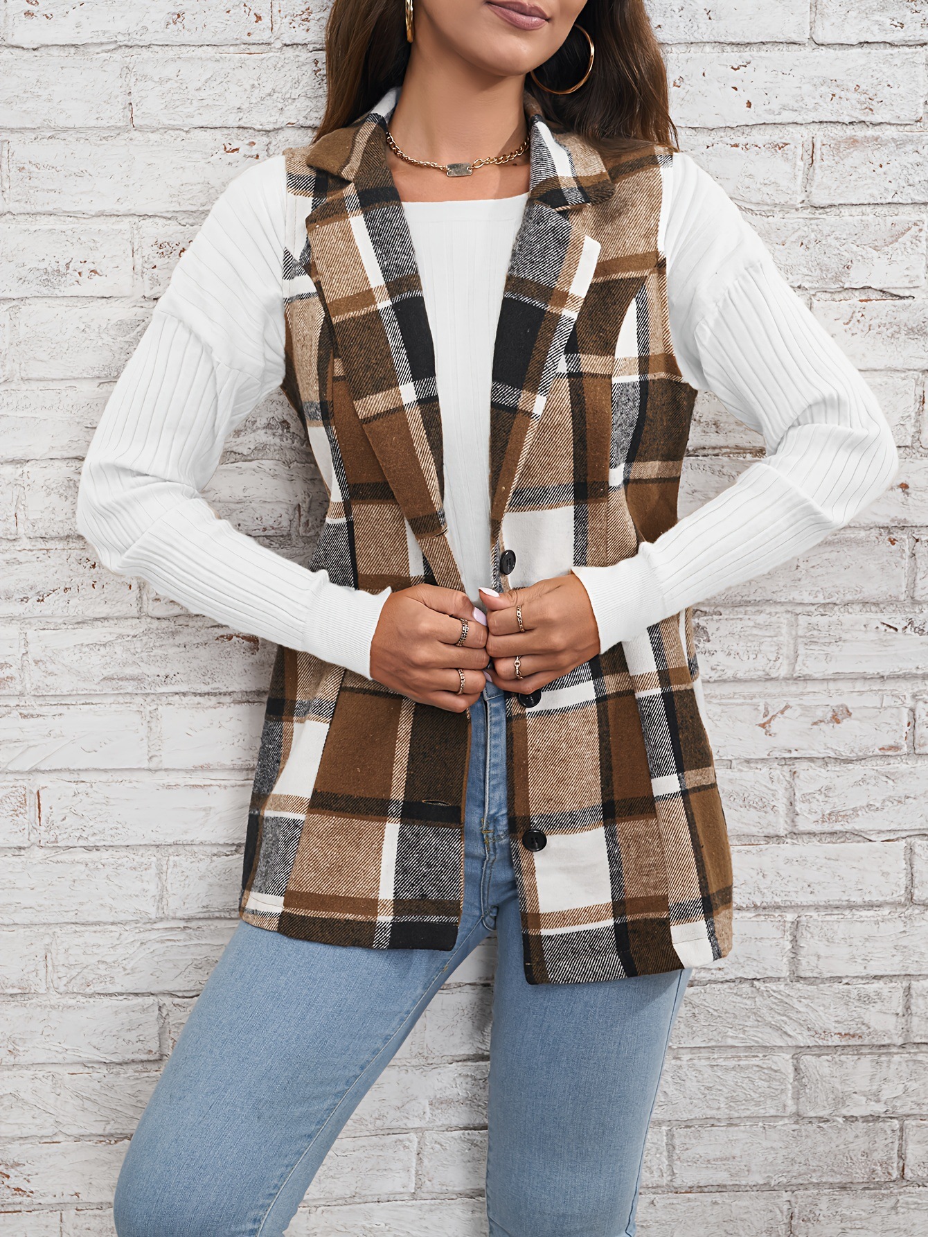 Fashion women‘s lapel suit vest plaid jacket