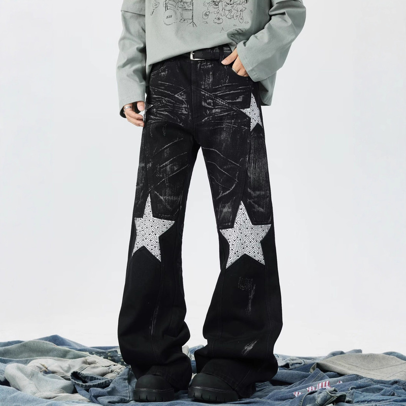 Cross-Border American High Street Washed Five-Pointed Star Diamond Bootcut Jeans for Men and Women Wide-Legged Distressed Punk Black Trousers