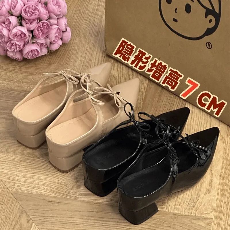 Spring 2025 French Sheepskin High-rise Shallow Mouth Pointed Elegant Single-layer Shoes with Butterfly Leg New Sequin Mary Jane Shoes