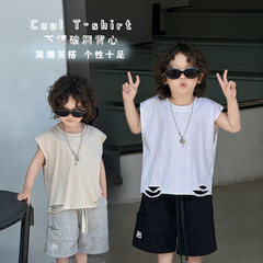 寶寶夏裝無袖背心薄款男童衣服夏款韓版童裝2024兒童下擺破洞背心