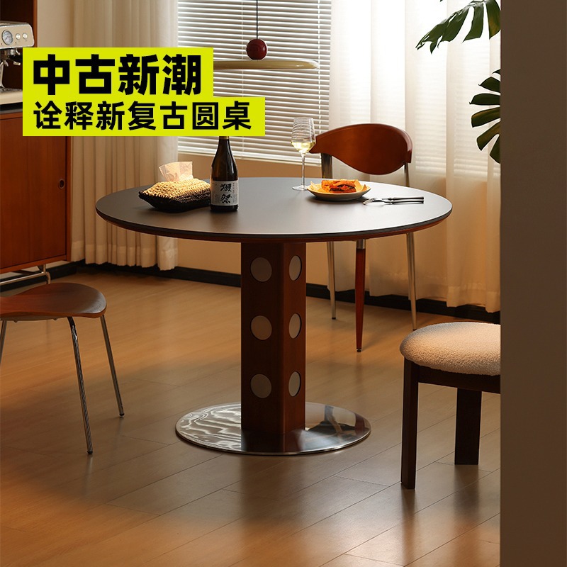 Mesa redonda de la placa de roca de estilo medieval, mesa de comedor redonda de piernas metálicas retro, mesa de comedor de madera sólida de Bauhaus nórdica.