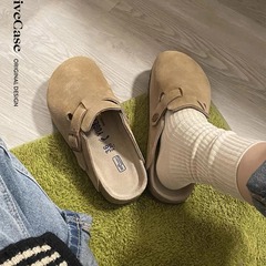 【名狐】真皮勃肯鞋厚底拖鞋女2024春秋新款外穿釣魚博肯半拖林肯