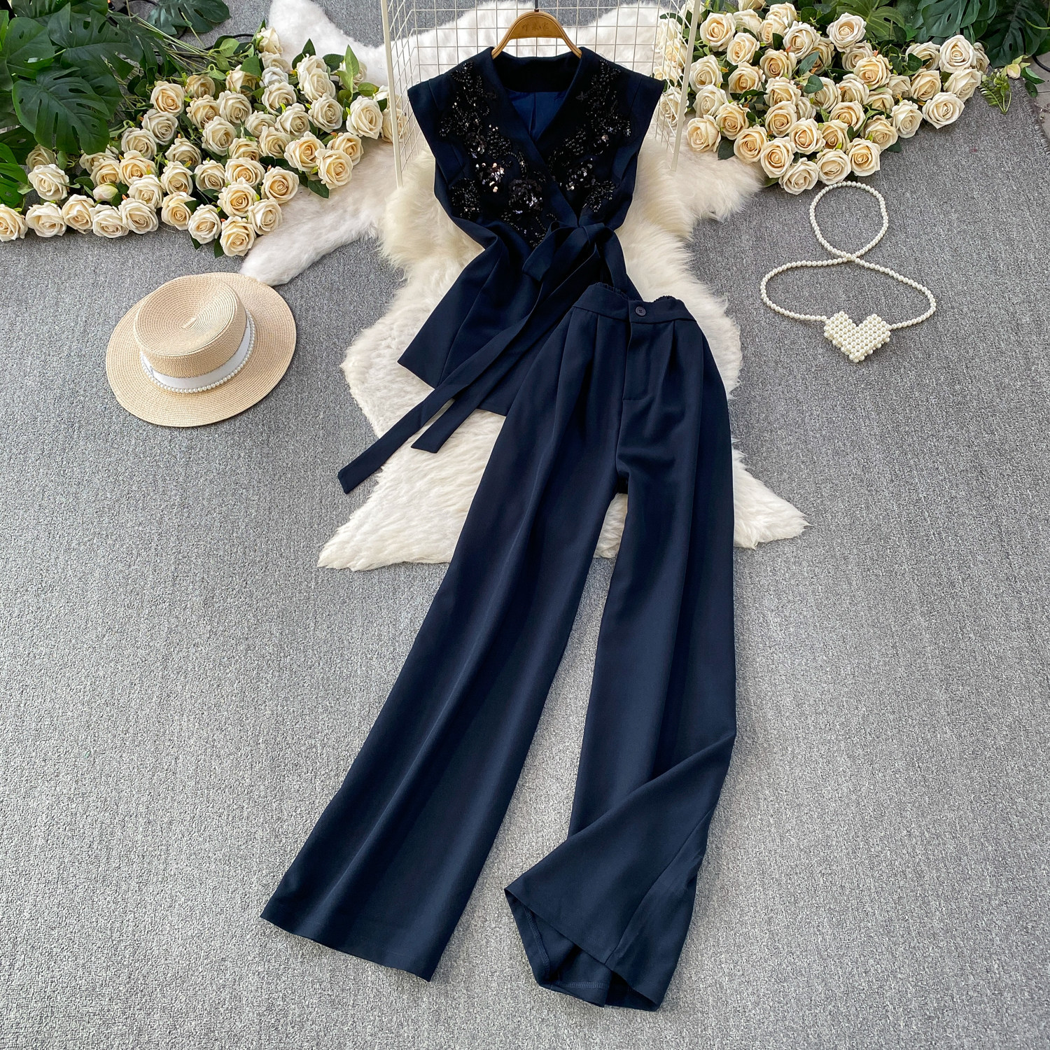 Elegant Embroidered Sequin V-Neck Waist-Defining Blazer & High-Waist Wide-Leg Trousers Two-Piece Set_ecoleips.com