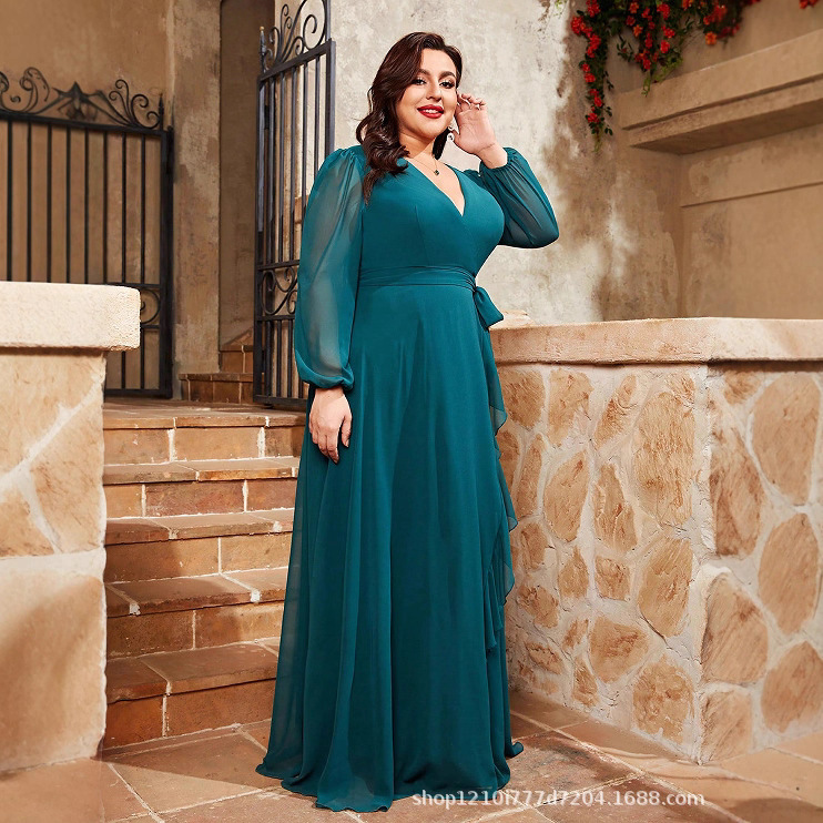 2026 Ladies Plus Size Prom Evening Dress V-Neck Chiffon Elegant Evening Dress Elegant Split Slim Dress