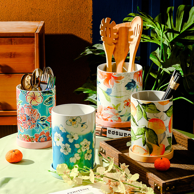 Temporada de flores palillos de cerámica casera palillos de cocina nuevo palillos jaula cuchillo y tenedor cucharas de almacenamiento palillos cesta image 1