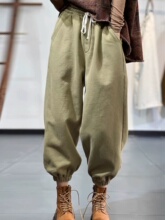 清仓外贸尾单高腰绑带纯棉束脚哈伦裤女秋冬加绒加厚休闲运动卫裤