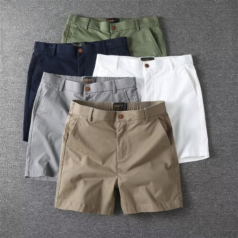 Summer New Cotton Quarterpants Men's Casual Slim-fit Straight Tooling Shorts Micro-stretch Trimple Pants Beach Pants