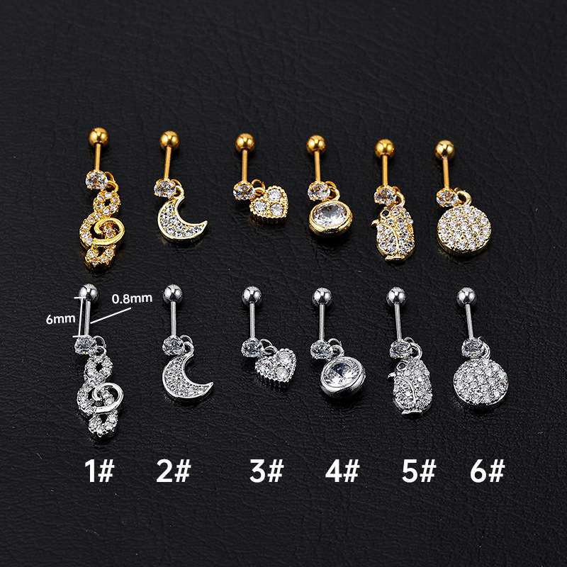 18K Real Gold Plated Plating Material 1 Piece Stainless Steel Zircon Ear Cartilage Rings & Studs Heart Shape Plating Inlay 18K Real Gold Plated Unisex