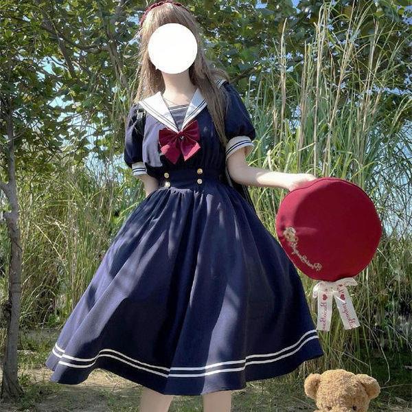 Japanese Style Sweet Navy Collar Bow Waistline Slimming Short-sleeved dress Female Student Mid-length All-match A- line Dress Japanese Style Sweet Navy Collar Bow Waistline Slimming Short-sleeved dress Female Student Mid-length All-match A- line Dress