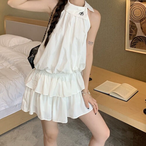 Lady's Slip String Neckless Sleeveless Bralette Two-Piece Set with White Cake Semi-Skirt 2025 Summer New Arrival
