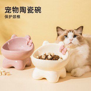 Kitten ceramic cute creative oblique mouth small and medium-sized dog high foot pet bowl food drinking water neck protection rice basin wholesale