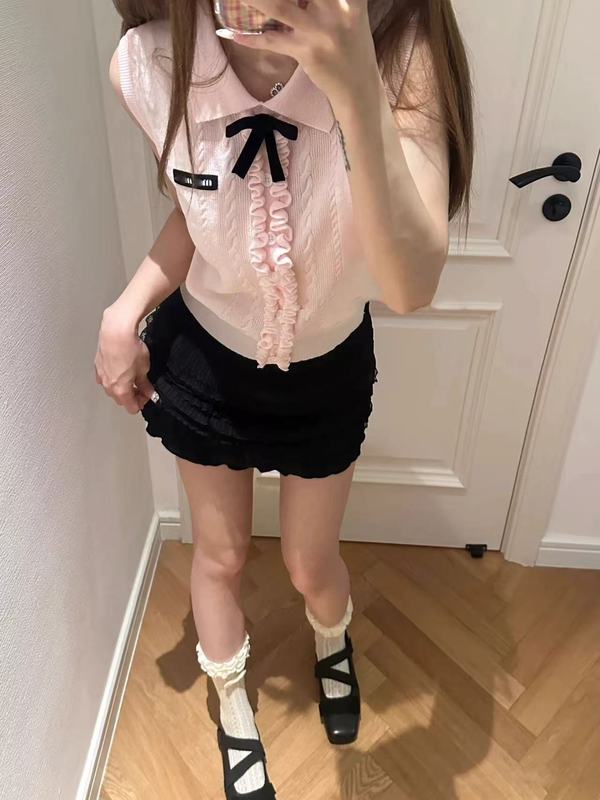 学院风翻领针织毛衣背心女2025夏季新款修身辣妹木耳边无袖上衣|undefined