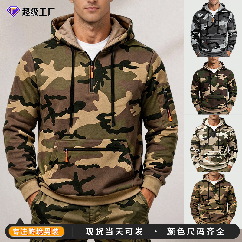Cross-border men's sweatshirt, European and American camouflage half-zip drawstring hooded sweatshirt, multi-pocket loose casual pullover Cross-border men's sweatshirt, European and American camouflage half-zip drawstring hooded sweatshirt, multi-pocket loose casual pullover