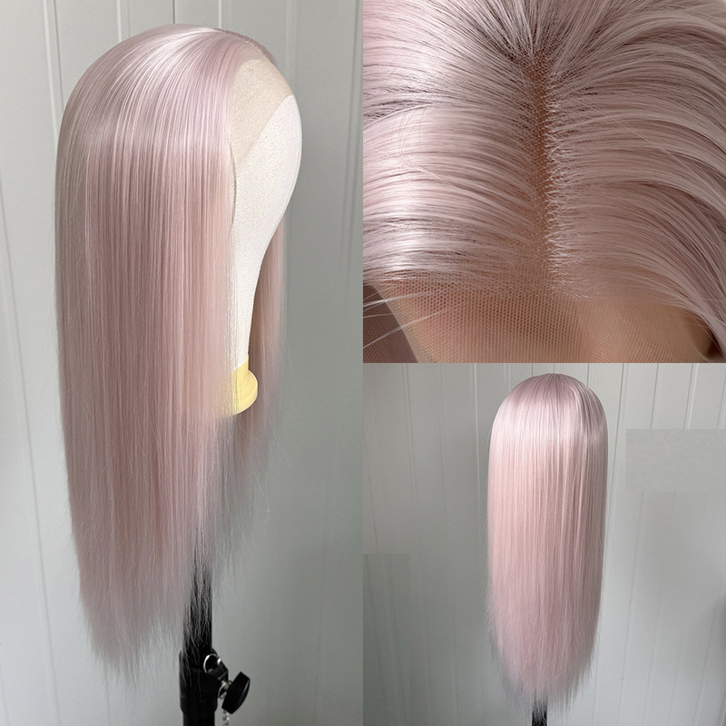 Pink Long Straight Synthetic Anime Cosplay Wig with Smooth Realistic Hand-Crocheted Front Lace for Women