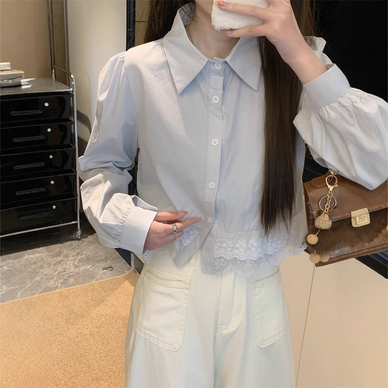Korean Lace Splicing Design Hem White Shirt Women's Spring Short Loose Fashionable Elegant Long-Sleeved Top