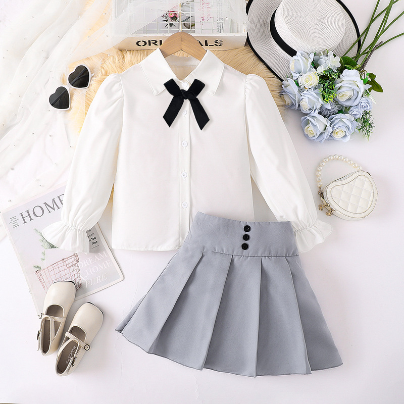 Foreign Trade Girls' Skirt Set White Long-Sleeved Shirt with Bow Tie High-Waisted Skirt Pleated Skirt Preppy Style Children's Skirt