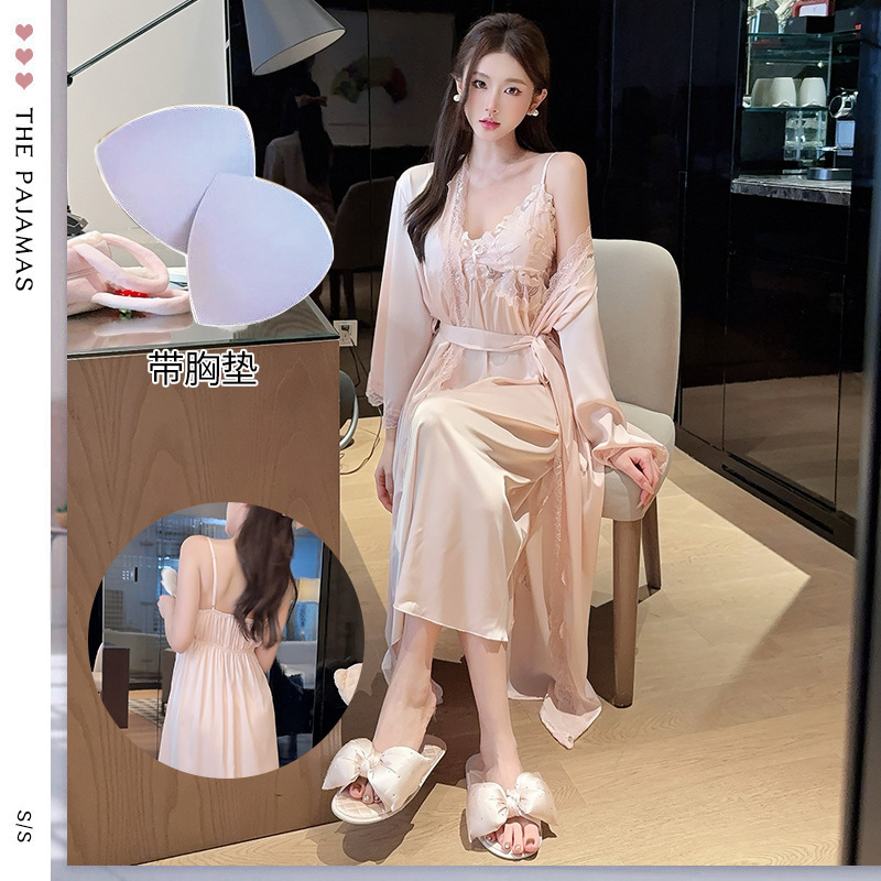Long Over-The-Knee Pure Desire Style Loungewear, Sexy Silk Nightgown for Women with Chest Pads, French-Style Camisole Nightdress Wholesale