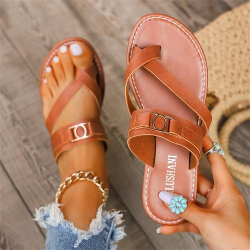 Export large size flat bottom slippers 2025 new style European and American wear toe pure color Roman fish mouth slippers 