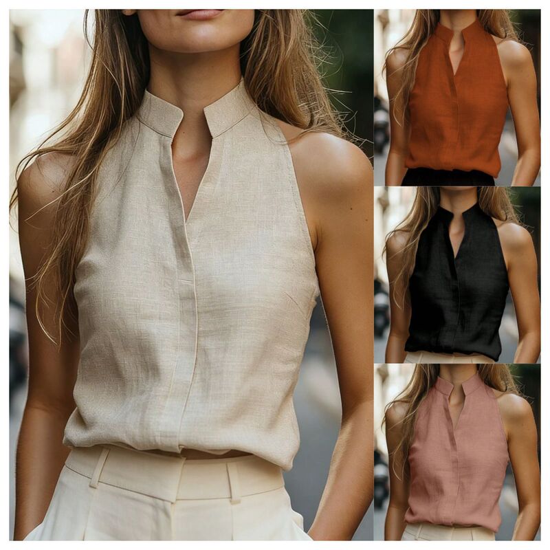European and American Cross-Border Hot-Selling Summer New Sleeveless V-Neck Women's Simple and Elegant Commuter Tops European and American Cross-Border Hot-Selling Summer New Sleeveless V-Neck Women's Simple and Elegant Commuter Tops