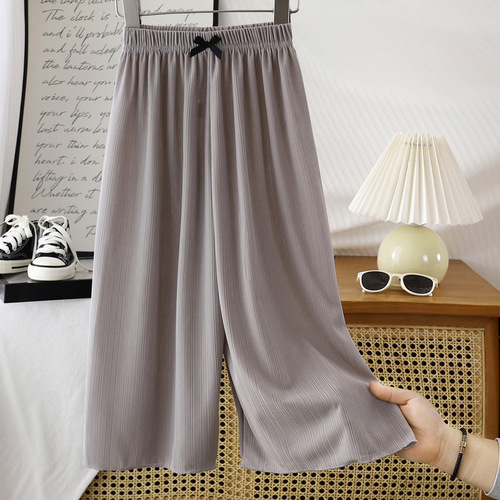 Summer lightweight girls' wide-leg pants, ice-silk flowing trousers—perfect for toddlers and kids! These straight-cut, figure-flattering, and super-comfy long pants come with a chic bow design, offering a relaxed yet stylish look for little ones.