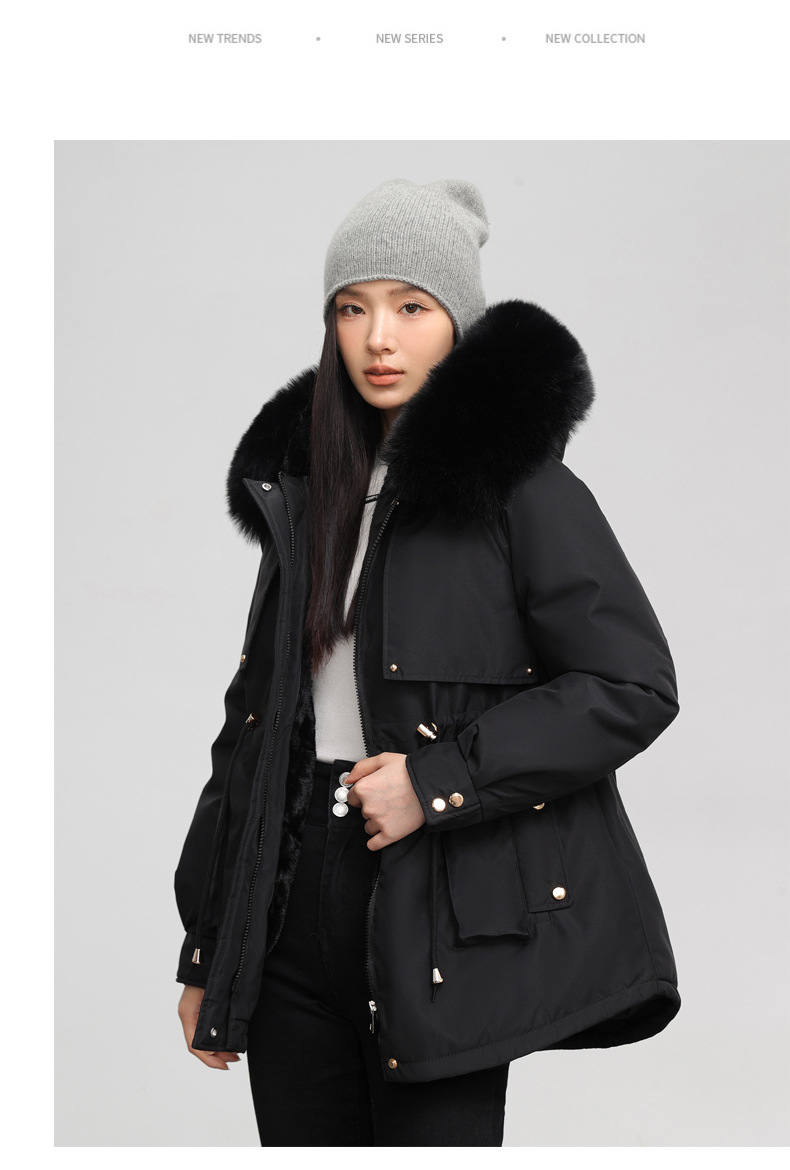 Chaqueta de algodón entallada mujer con capucha y pelo invierno_voghion.com