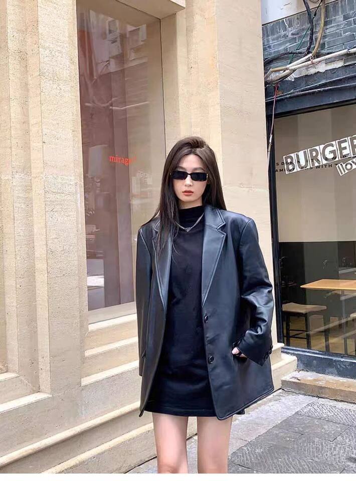 Áo khoác da PU dáng vest nữ phong cách đường phố, tay dài, form rộng — Màu đen [mẫu chất lượng cao] chi tiết 12