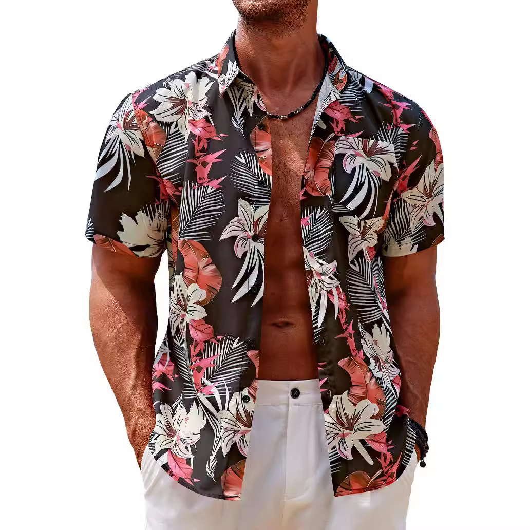 Summer European and American Foreign Trade Hawaii Men's Casual Short-sleeved Lapel Pocket 3D Printed Shirt with Straight Hair