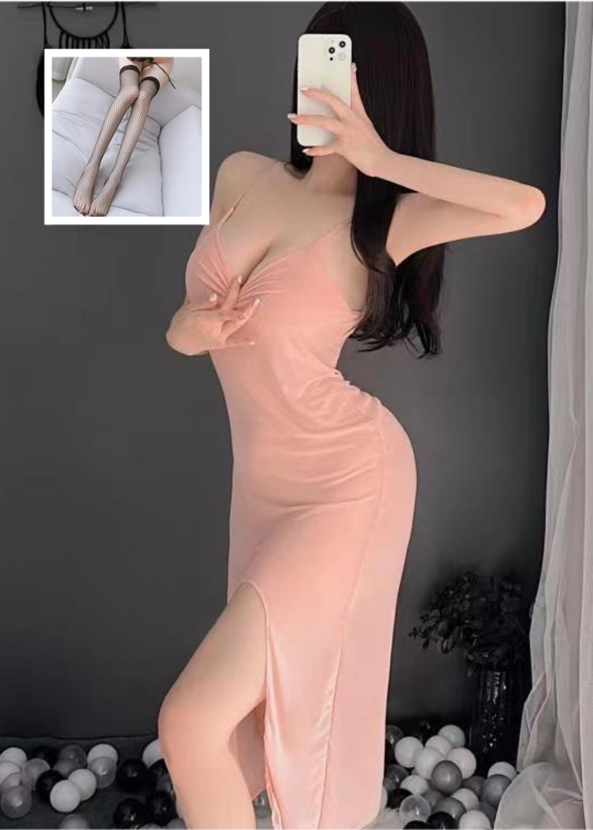 스킨 컬러 (롱 스커트 + T 바지) + 블랙 망사 스타킹