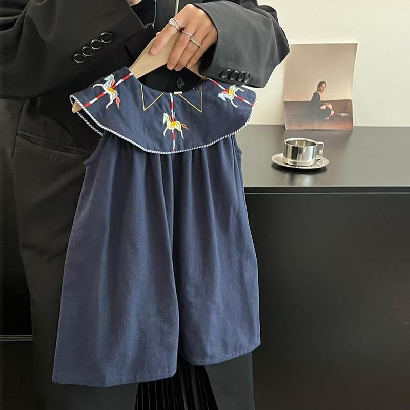 Korean Children's Clothing 2026 New Summer Collection: Girls' Vintage-Style Vest Dress with Stylish Embroidered Ruffle Collar Dress