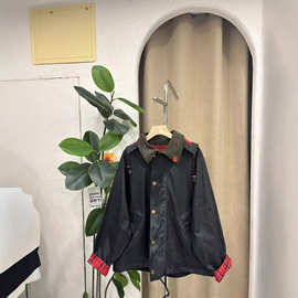 油蜡男女同款25秋冬款时髦撞色格纹翻领宽松风衣外套