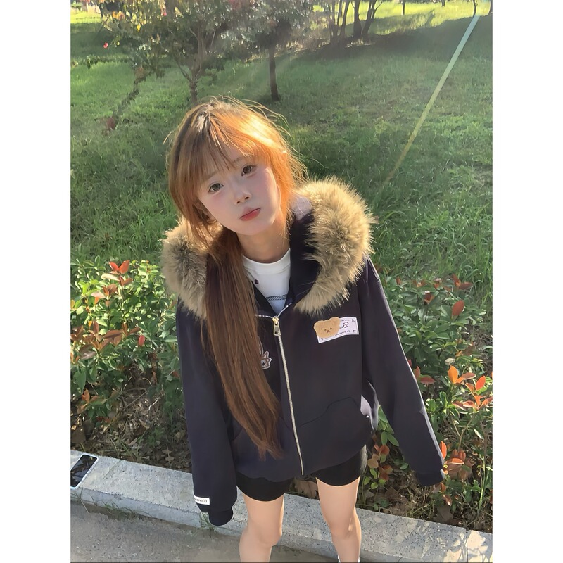 American Retro Bear Ears Detachable Fur Collar Hooded Cardigan Sweatshirt for Men and Women Preppy Style Versatile Couple Jacket