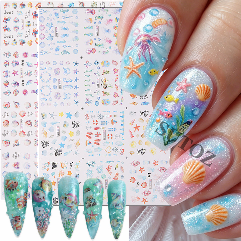 Ocean-Themed Nail Art Water Transfer Stickers Jellyfish Starfish Shells Small Fish Summer Fresh Style Nail Decoration