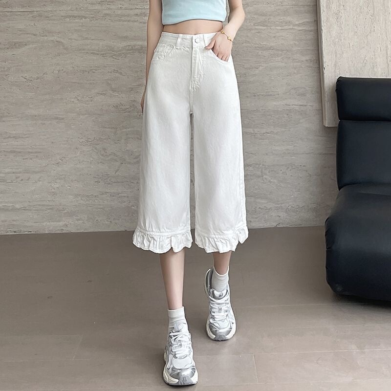 Wzxsk White Cropped Wide-Leg Jeans New Summer Thin Style Loose Fit Slimming Lace High-Waisted for Petite Figures Wzxsk White Cropped Wide-Leg Jeans New Summer Thin Style Loose Fit Slimming Lace High-Waisted for Petite Figures