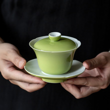 苹果绿家用花口盖碗茶杯单个手抓碗泡茶器不烫手陶瓷茶碗功夫茶具