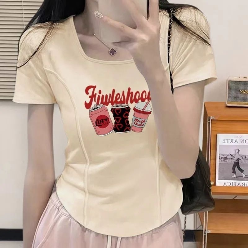 西洋風フィッシュボーン大きいサイズ半袖レディーススクエアカラーショートヨーロピアンスタイル甘い非対称カーブ痩身ニッチTシャツイントレンド|undefined