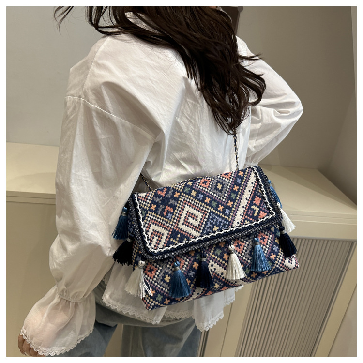 336g Weight Flip Cover Closure Type Single Shoulder Strap Strap Type Shoulder Bag Bags Type Casual, Holiday Occasion Cloth Material Geometric Pattern All Seasons Season Women's Gender Elegant, Ethnic Style Style Square Shape Women's Cloth Geometric Elegant Ethnic Style Square Flip Cover Shoulder Bag 33
