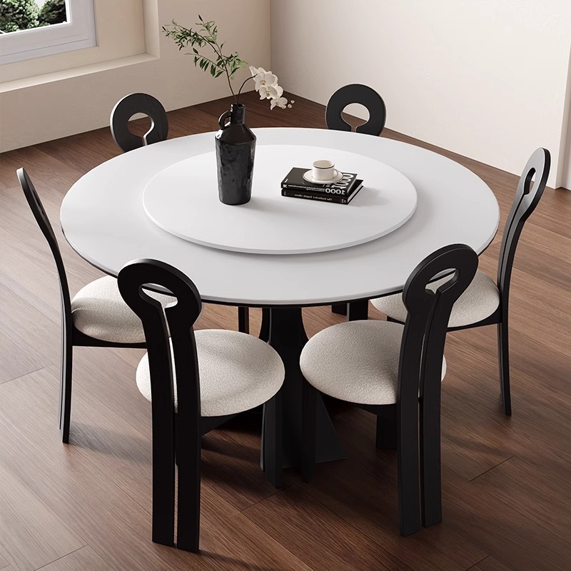 Mesa de comedor delgada redonda de madera maciza retro ligera francesa 2025 nueva placa de roca negra de gama alta crema estilo medio americano