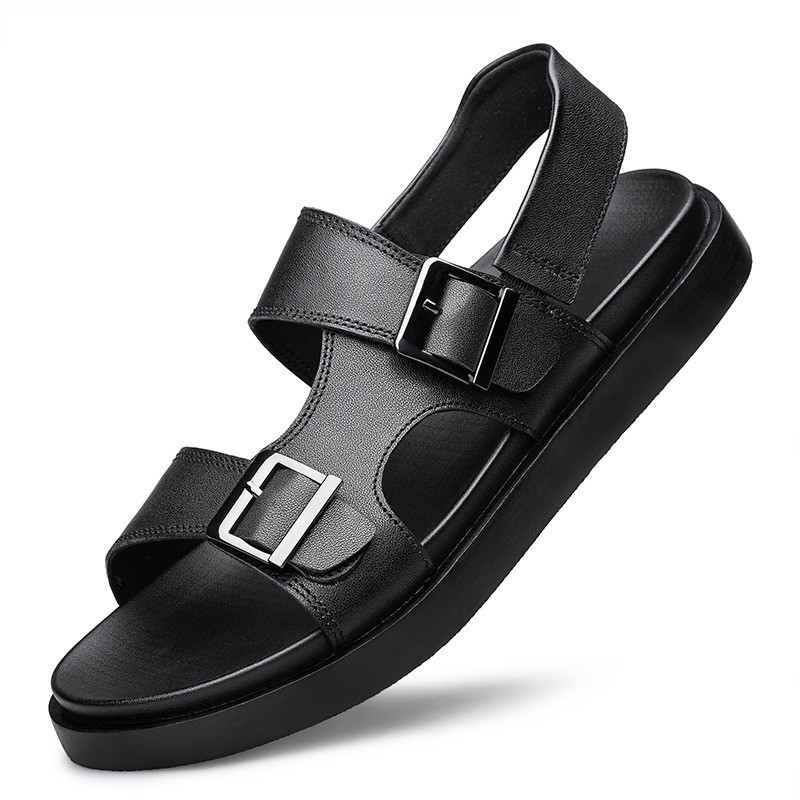 Cross-Border Large Size Sandals Summer Buckle Open Toe Slip-On Genuine Leather Sandals Men's Pure Black Cowhide Outdoor Beach Shoes for Men