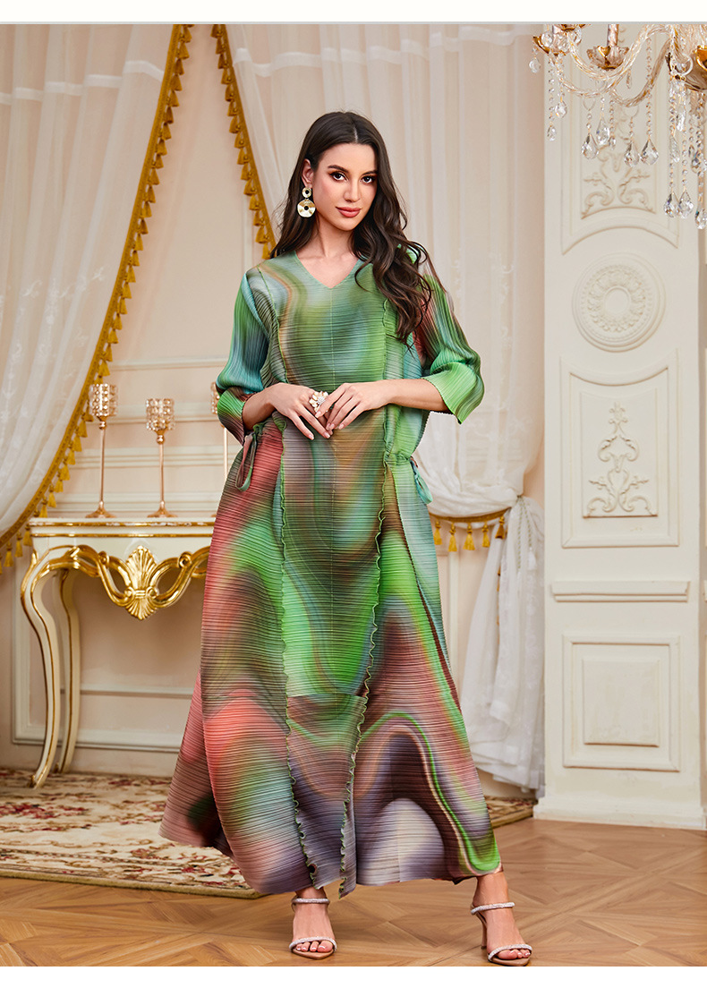 Middle Eastern Muslim Women's Clothing Foreign Trade: Saudi Arabia Dubai Printed Long Robe Abaya With Waist-Cinching_ecoleips.com