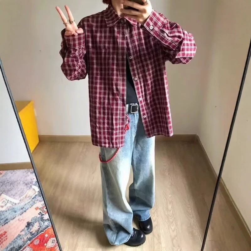 2026 Youth Retro Contrast Red Plaid Simple Versatile Long-Sleeve Plaid Shirt for Men and Women, Shirt Jacket